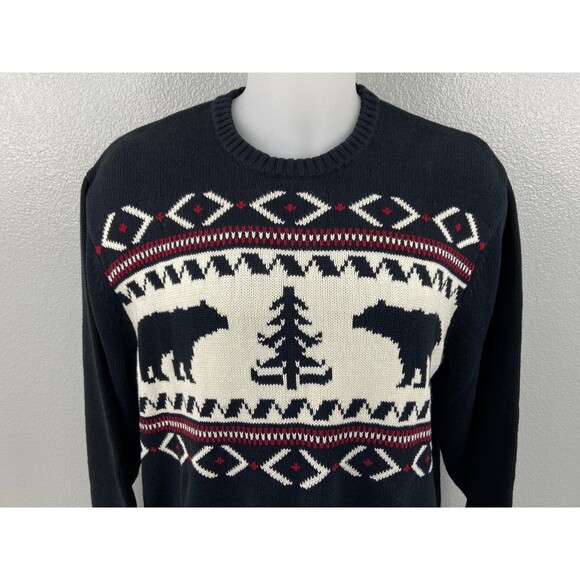 CHAPS RL Fair Isle Black Bear Sweater Mens XL 100% Cotton Knit Crewneck Pullover - Picture 2 of 9
